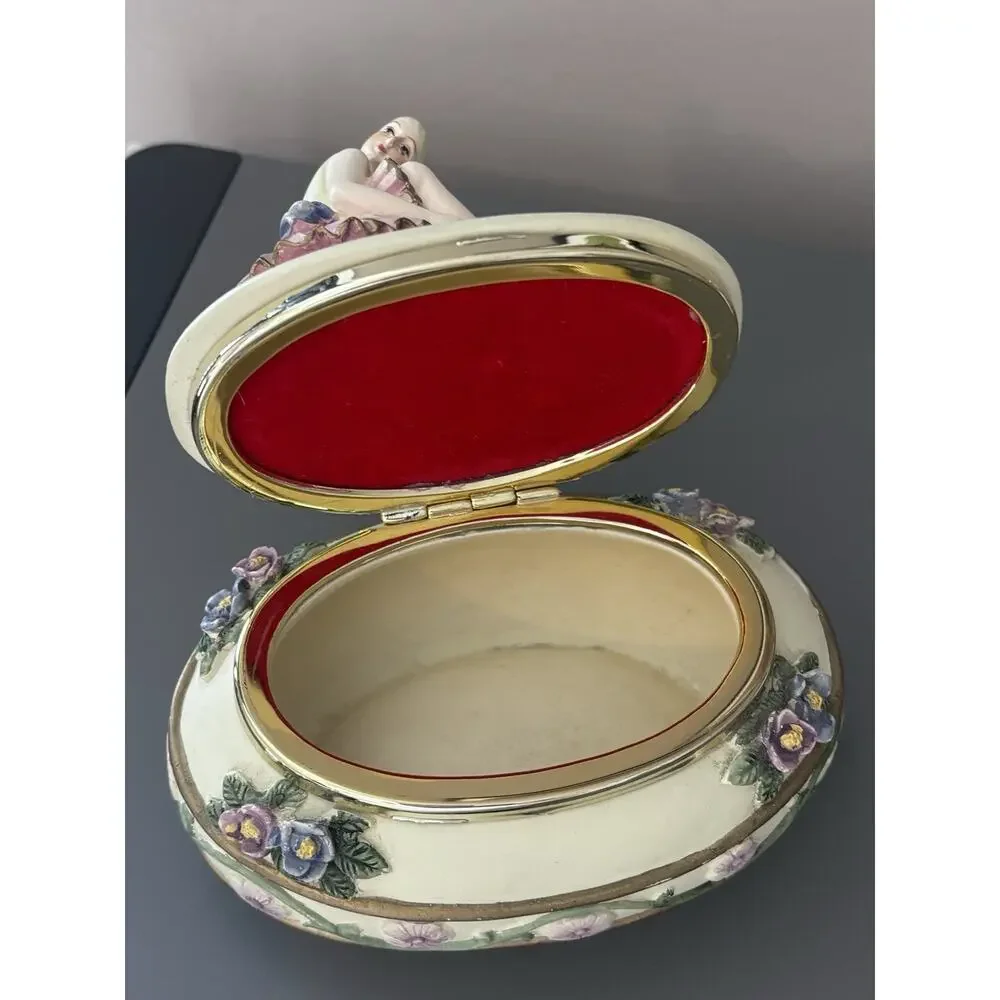 Vintage Ballerina Girl Trinket Box Jewelry Porcelain Floral Cottage Vanity MCM